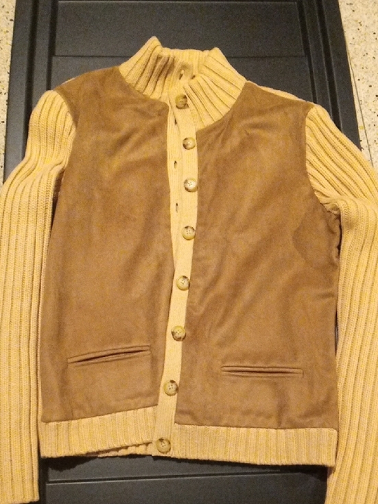 Ralph Lauren Sweaters - Ralph Lauren Brown Suede-Front Cardigan with Cream Ribbed Sleeves